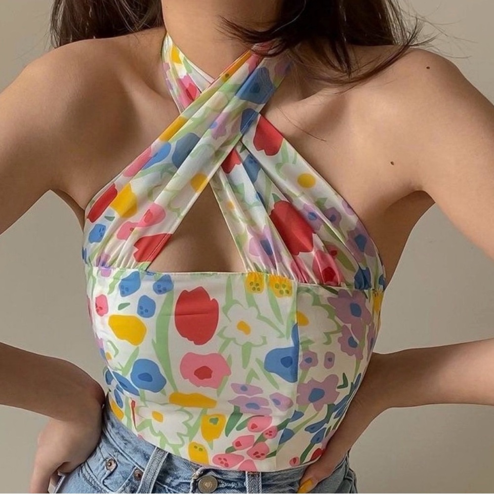 With Jean Multicolor Floral Halter Crop Top